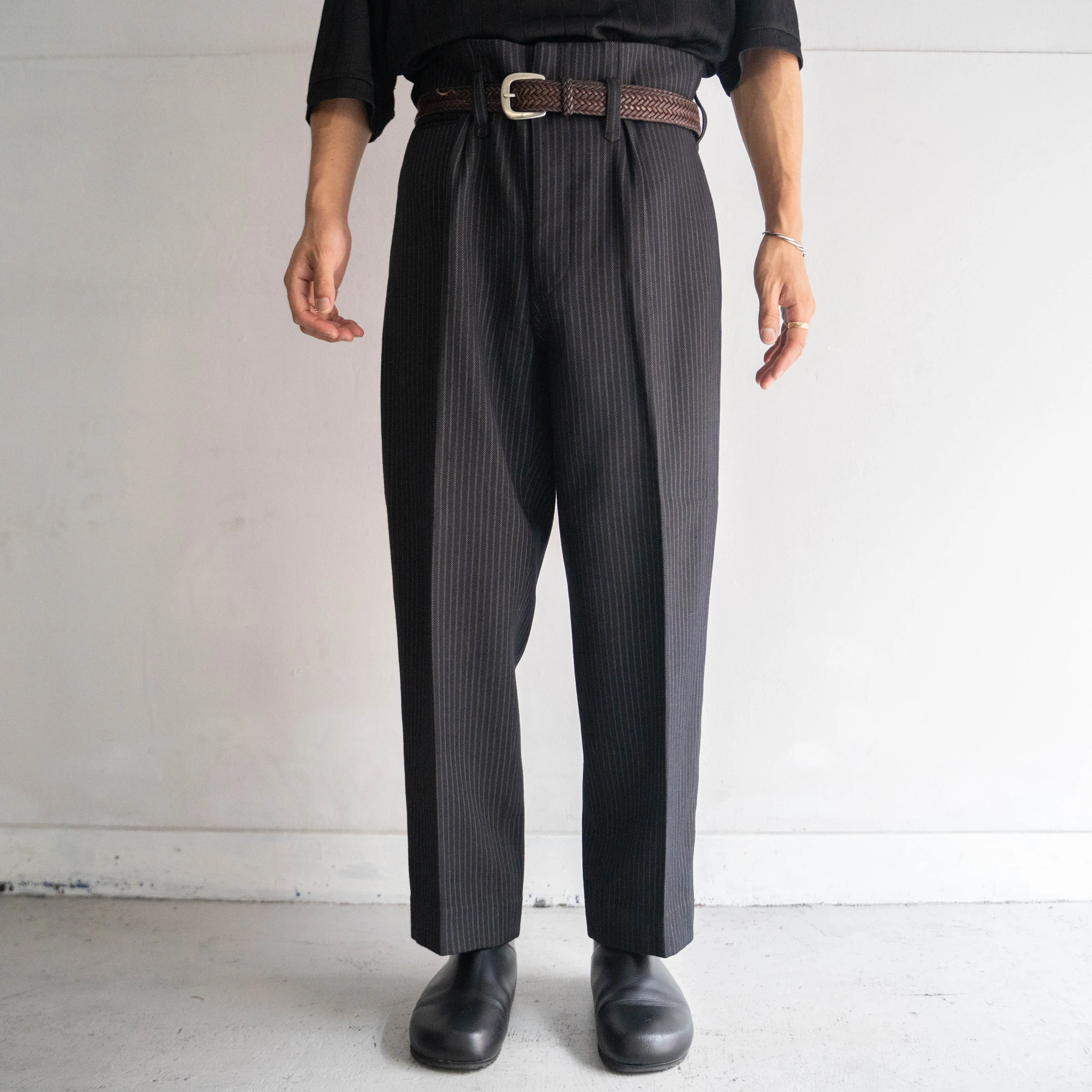 1950-60s Japan vintage black base stripe wool slacks 'with buckle back'