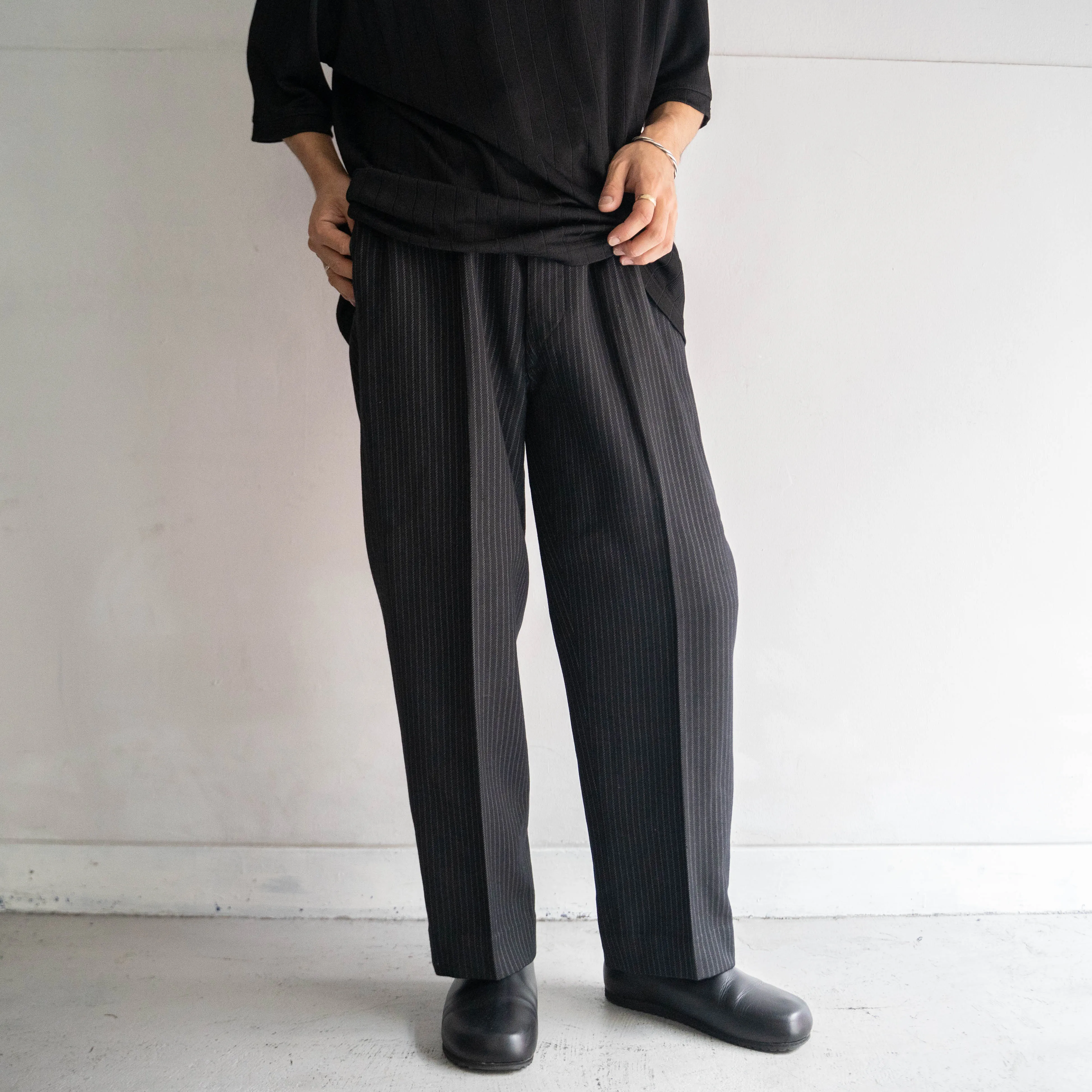 1950-60s Japan vintage black base stripe wool slacks 'with buckle back'