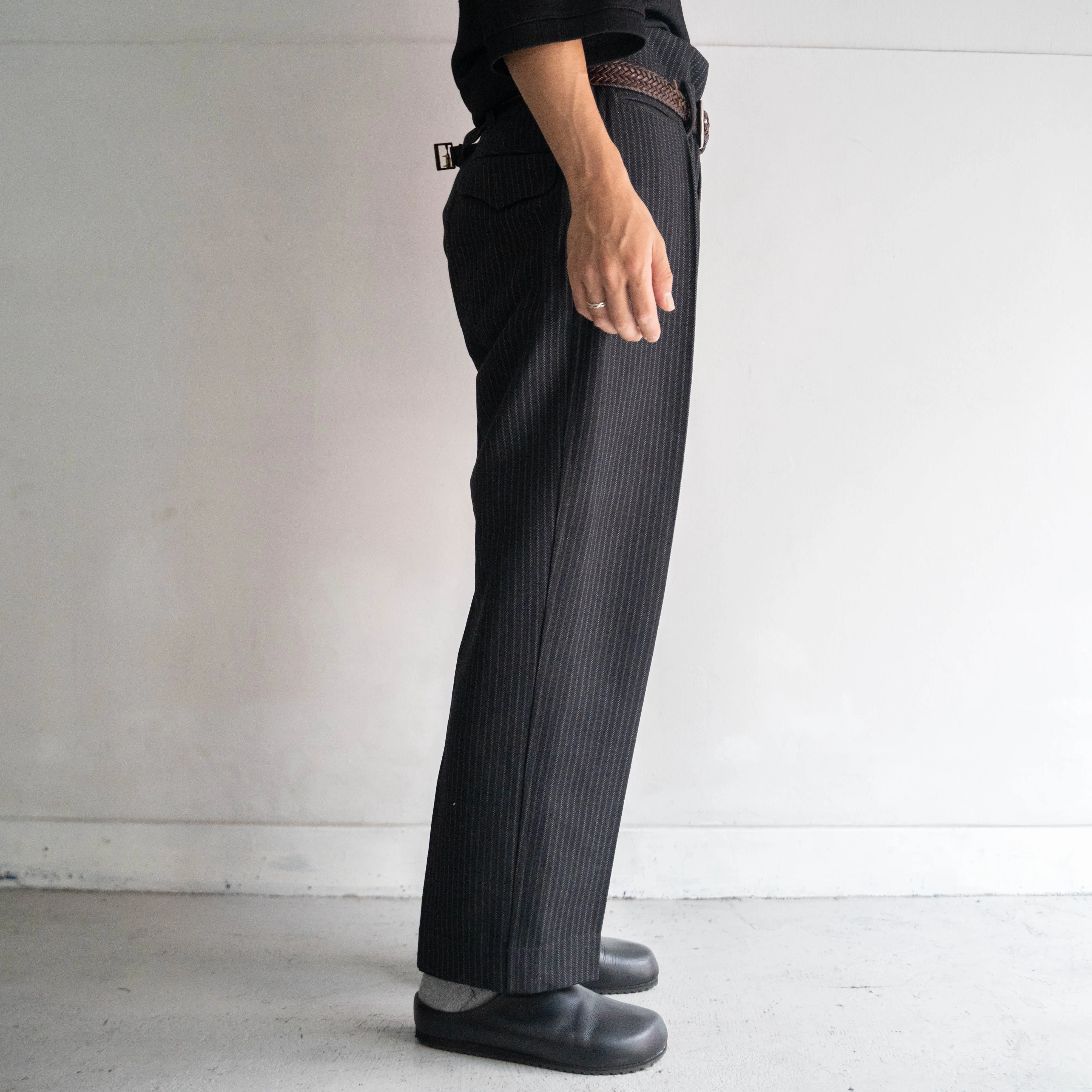 1950-60s Japan vintage black base stripe wool slacks 'with buckle back'