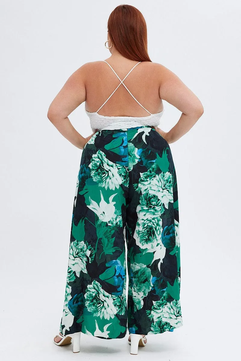 Abstract Print Wide Leg Pants High Rise Front Split