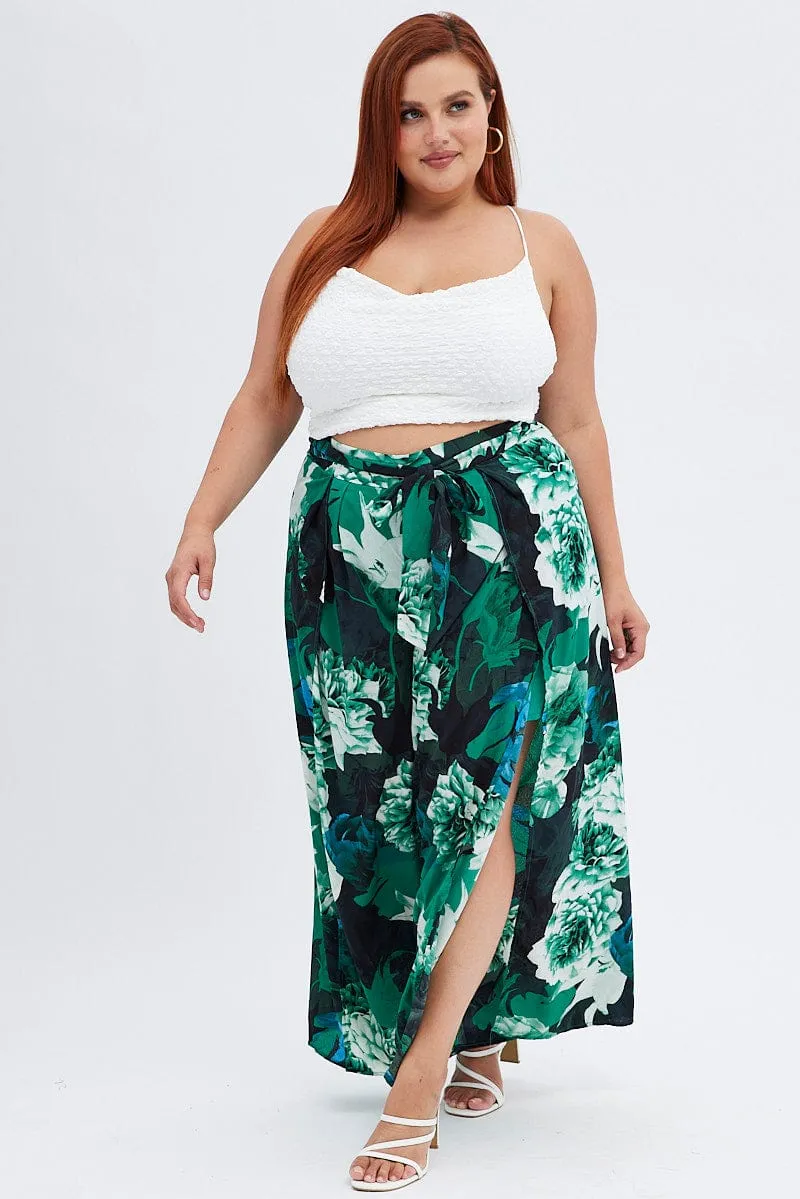 Abstract Print Wide Leg Pants High Rise Front Split