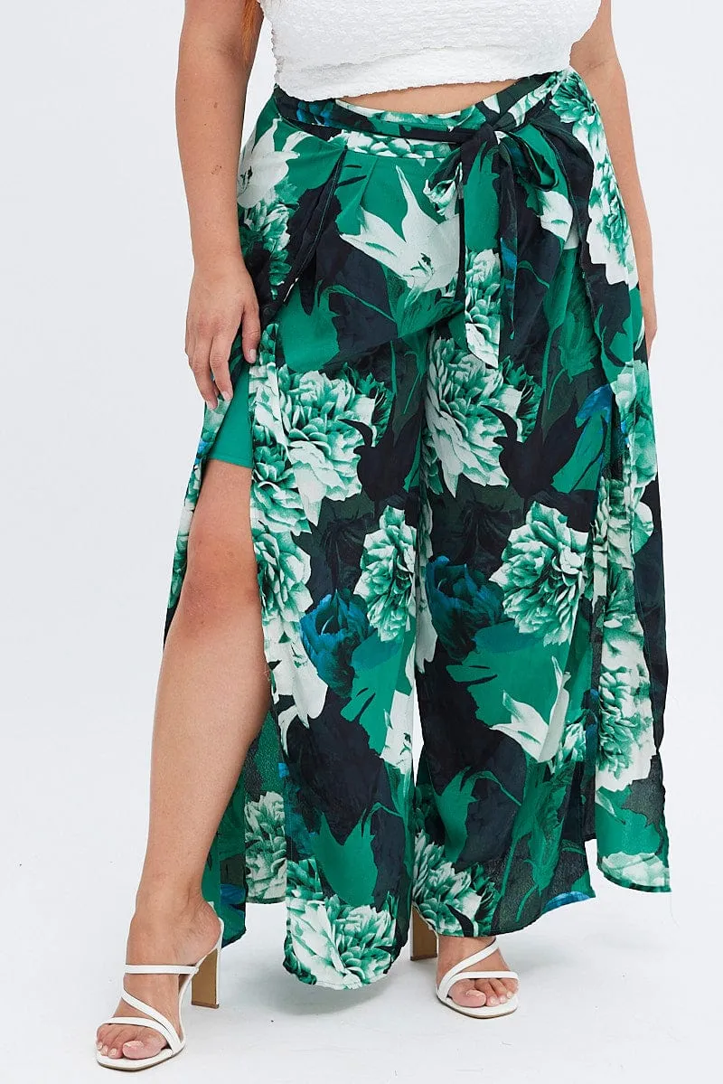 Abstract Print Wide Leg Pants High Rise Front Split