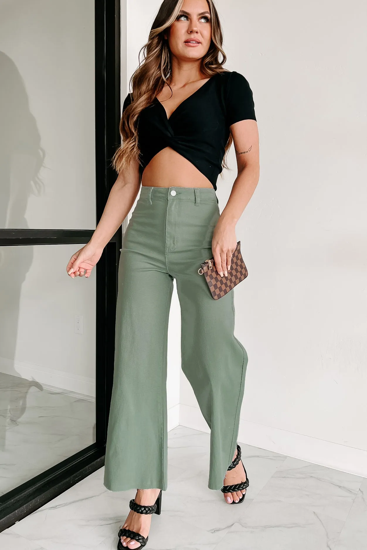 According To Plan High Rise Wide Leg Crop Jeans (Dark Sage)