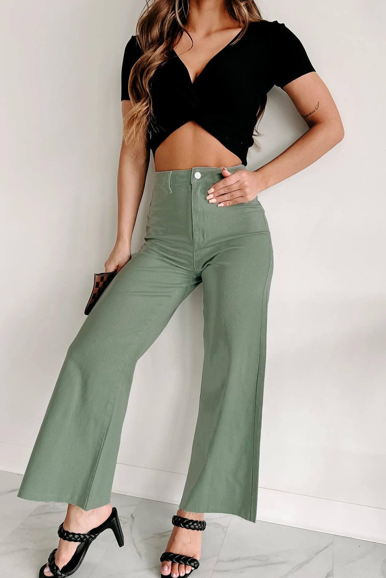 According To Plan High Rise Wide Leg Crop Jeans (Dark Sage)