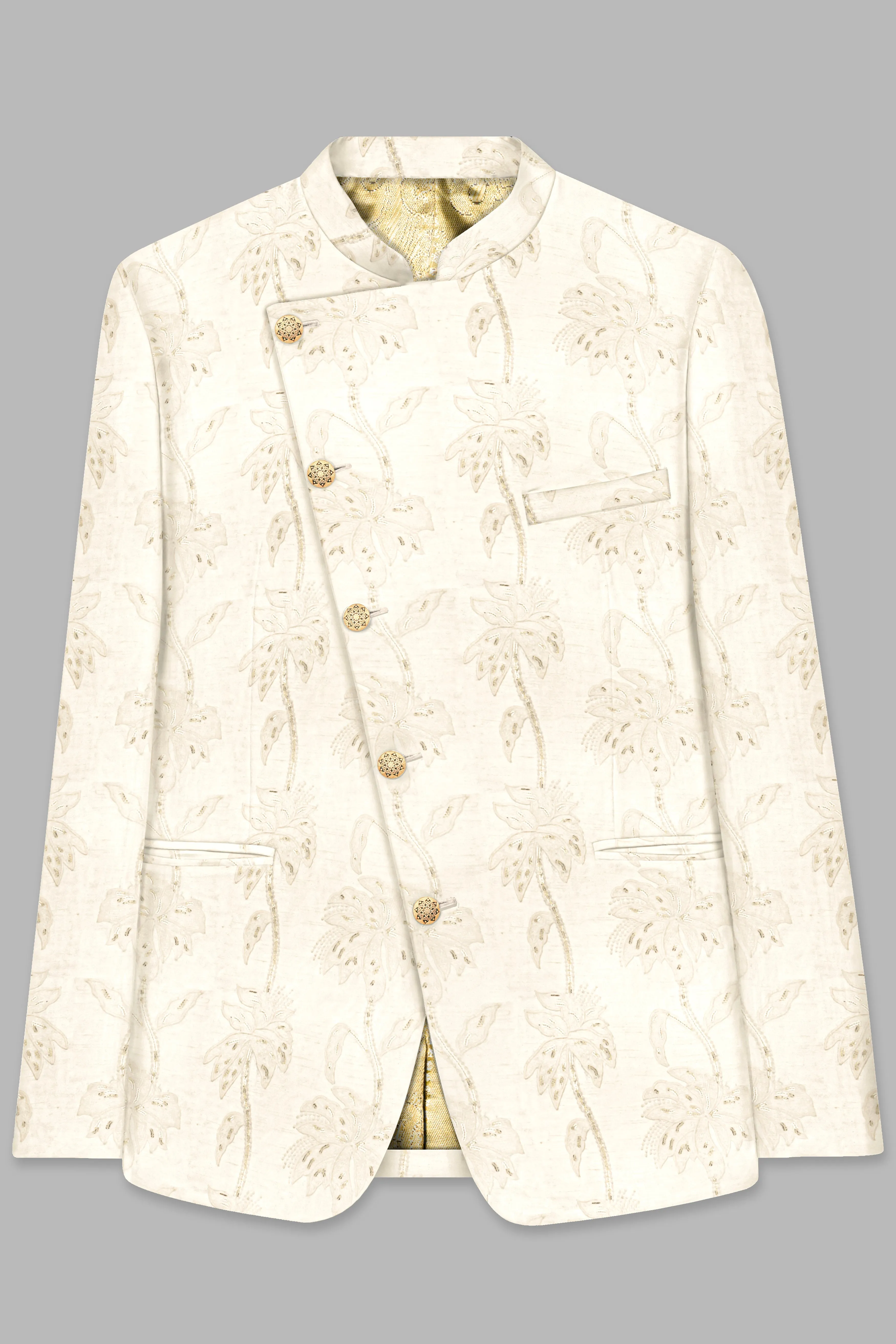 Almond Cream Designer Sequin And Thread Embroidered Cross Placket Bandhgala Jodhpuri