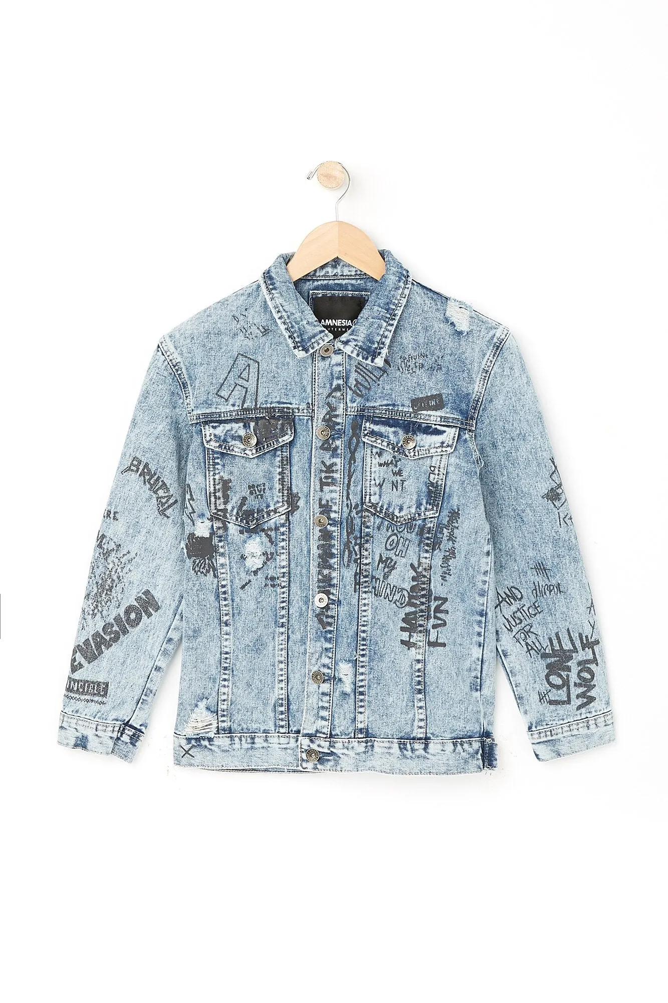 Amnesia Youth Graphic Destroyed Denim Jacket