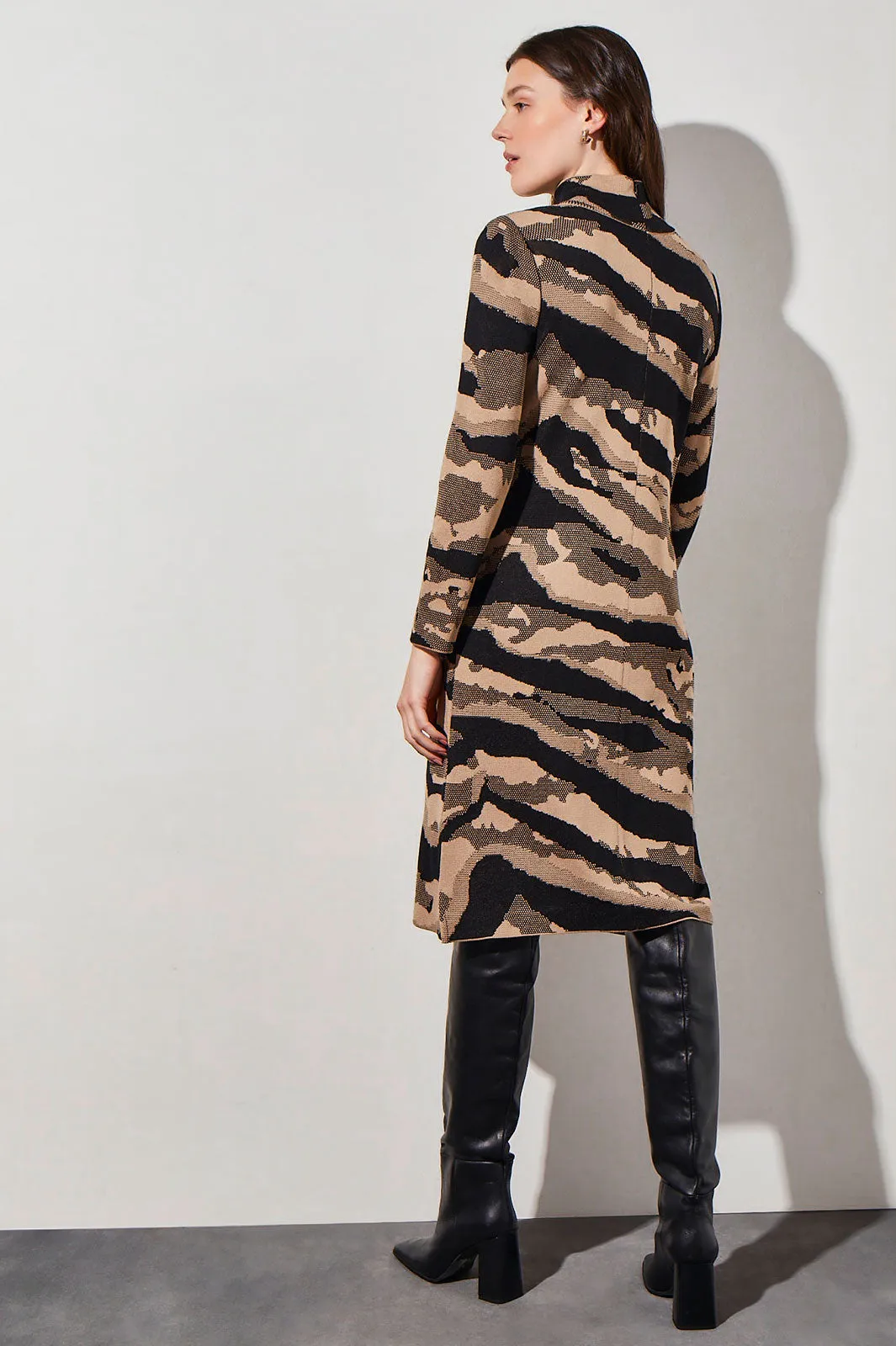 Animal Print Turtleneck Soft Knit Midi Dress