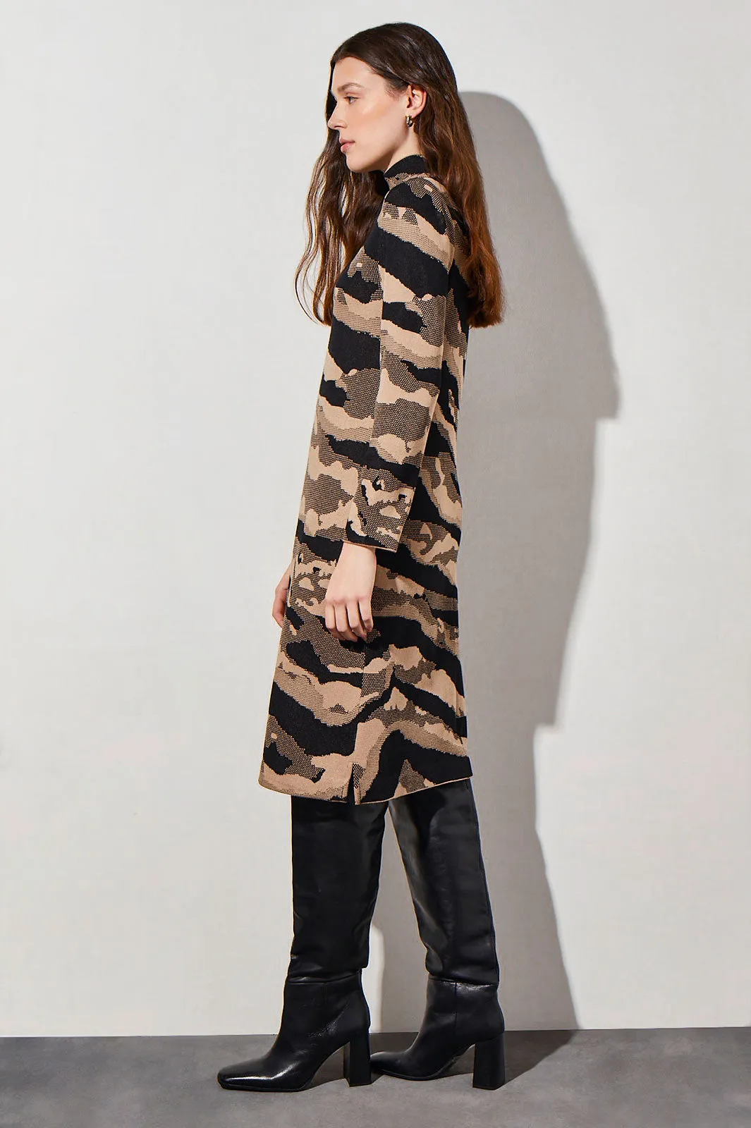 Animal Print Turtleneck Soft Knit Midi Dress