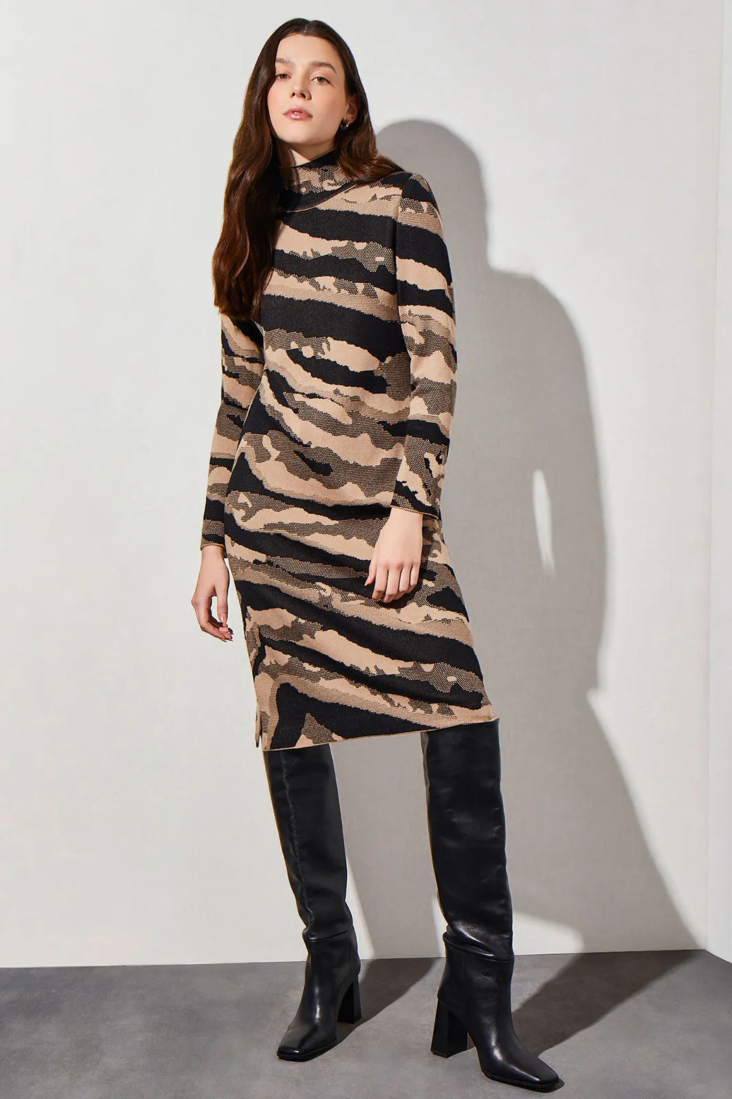 Animal Print Turtleneck Soft Knit Midi Dress