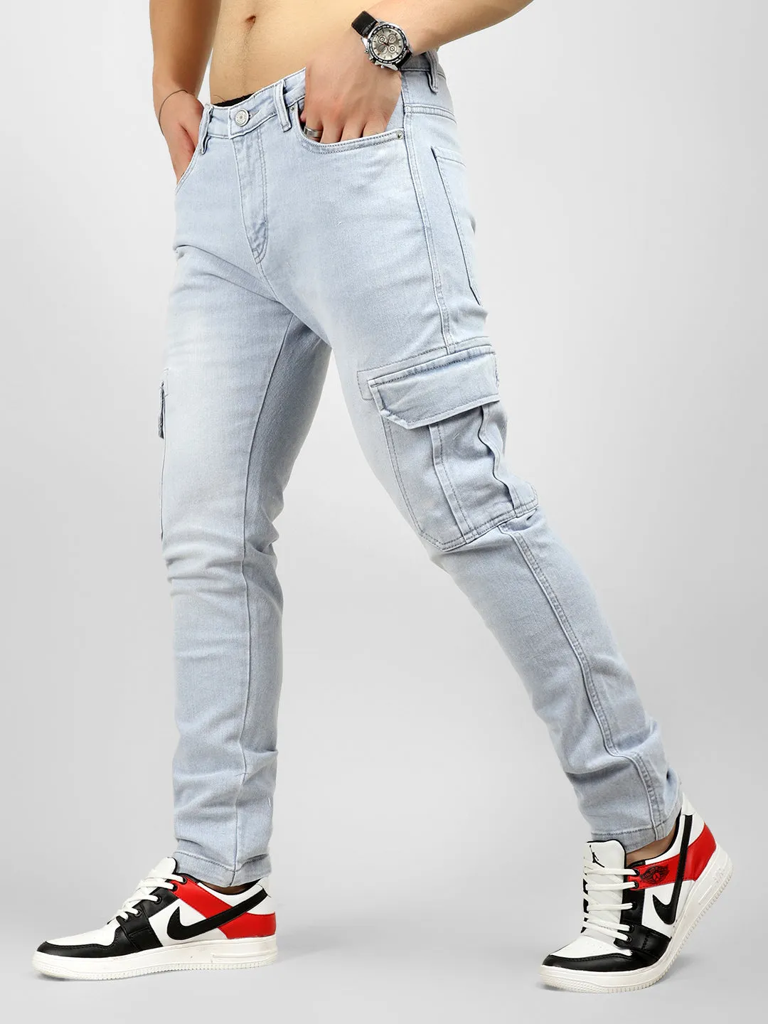 Aqua Light Blue Magic Ankle Fit Denim Cargo