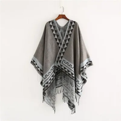 Aztec Ruana Poncho In 10 Different Colors Imitation Cashmere Indian Blanket Scarf Tribal Wrap Terracotta Black Turquoise Charcoal Gray Blue Beige One Size