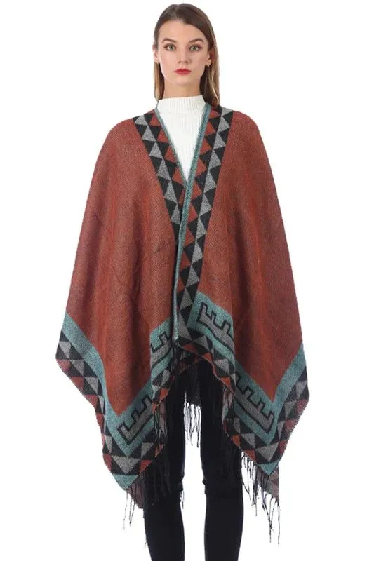 Aztec Ruana Poncho In 10 Different Colors Imitation Cashmere Indian Blanket Scarf Tribal Wrap Terracotta Black Turquoise Charcoal Gray Blue Beige One Size