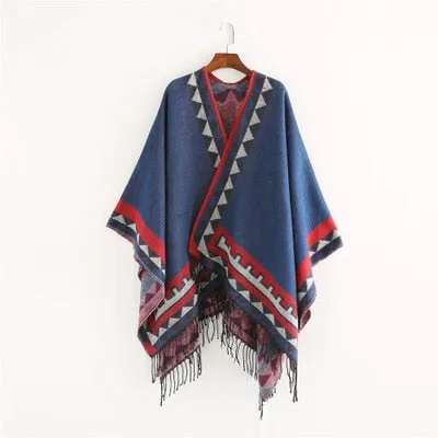 Aztec Ruana Poncho In 10 Different Colors Imitation Cashmere Indian Blanket Scarf Tribal Wrap Terracotta Black Turquoise Charcoal Gray Blue Beige One Size