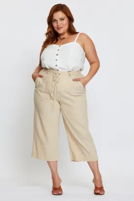 Beige Wide Leg Pants High Rise Linen Blend Crop