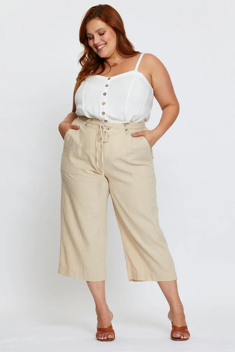 Beige Wide Leg Pants High Rise Linen Blend Crop