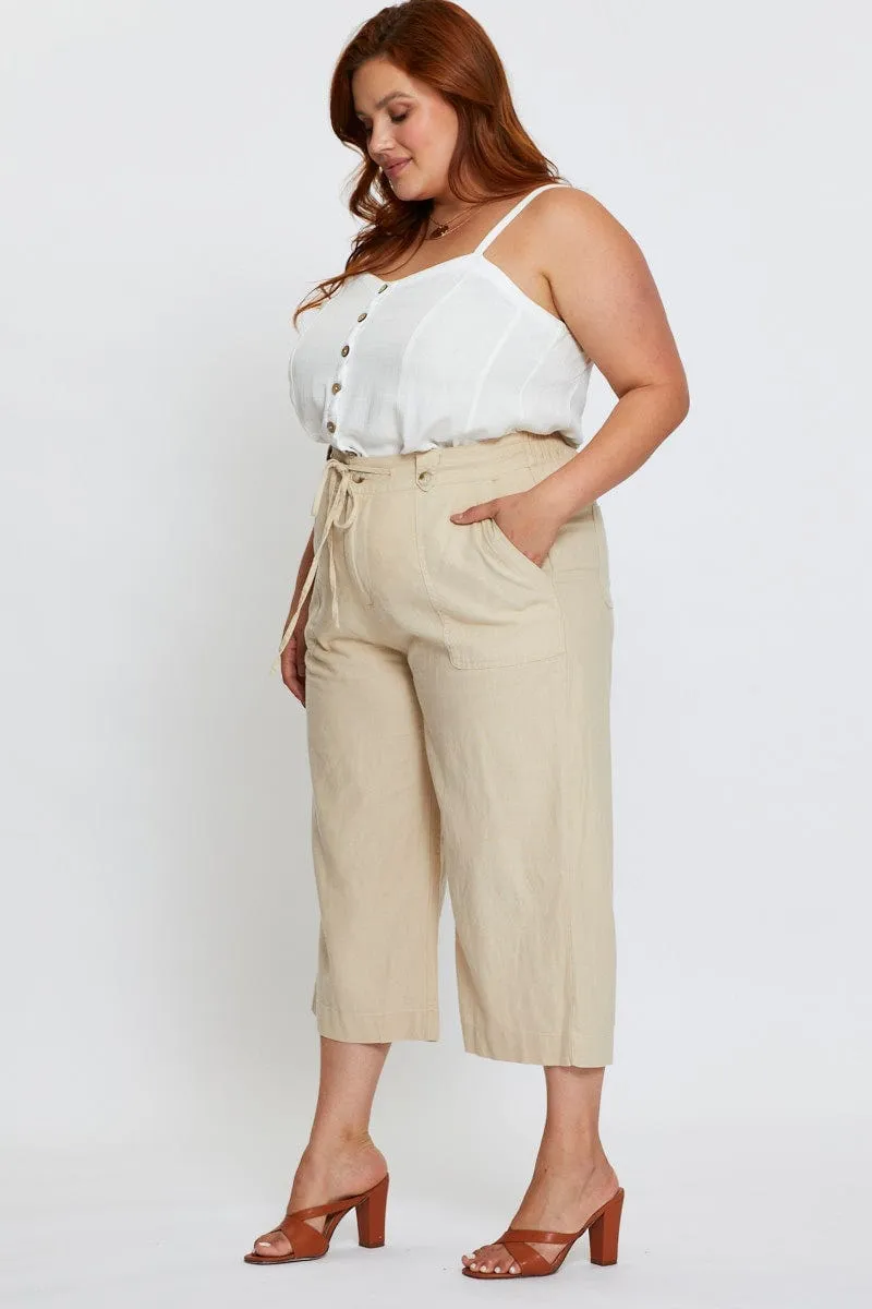 Beige Wide Leg Pants High Rise Linen Blend Crop