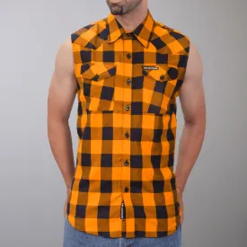 Black and Orange Sleeveless Biker Flannel Shirt for Men