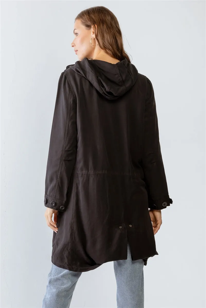 Black Asymmetrical Draped Zip Up Wide Lapel Collar Hooded Jacket