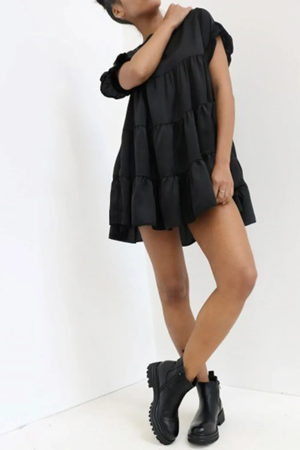 Black Tiered Frill Smock Dress