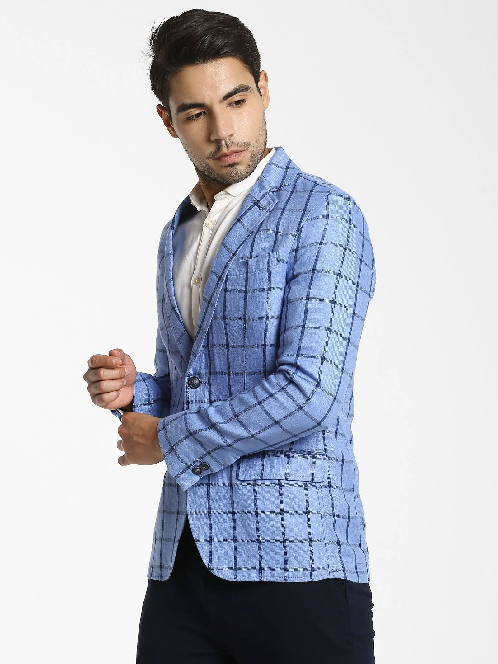 Blue Checked Linen Blazer