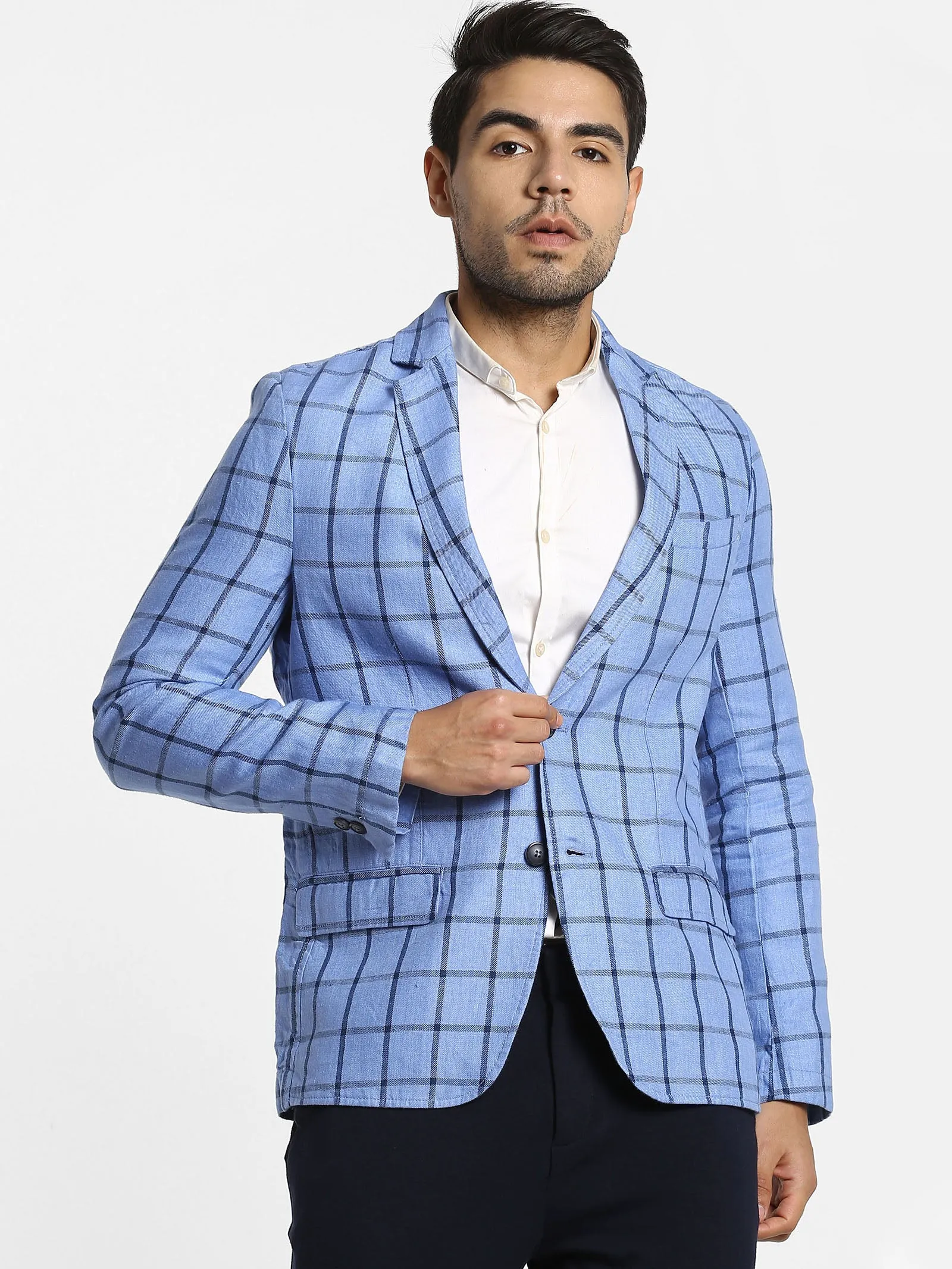 Blue Checked Linen Blazer