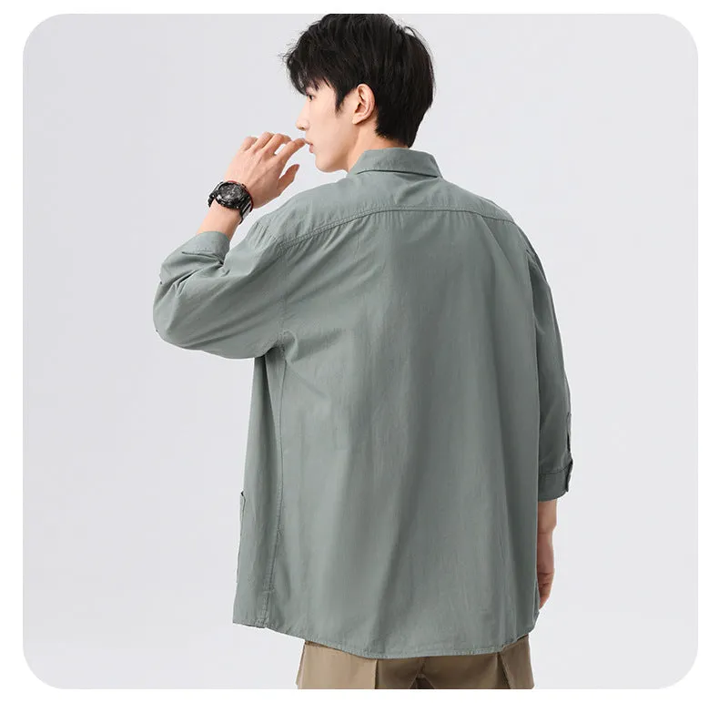 Blue korean-style relaxed shirt three-fourth sleeve