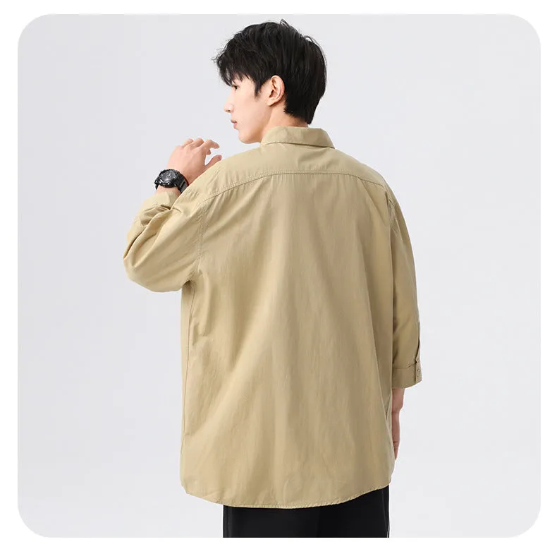 Blue korean-style relaxed shirt three-fourth sleeve