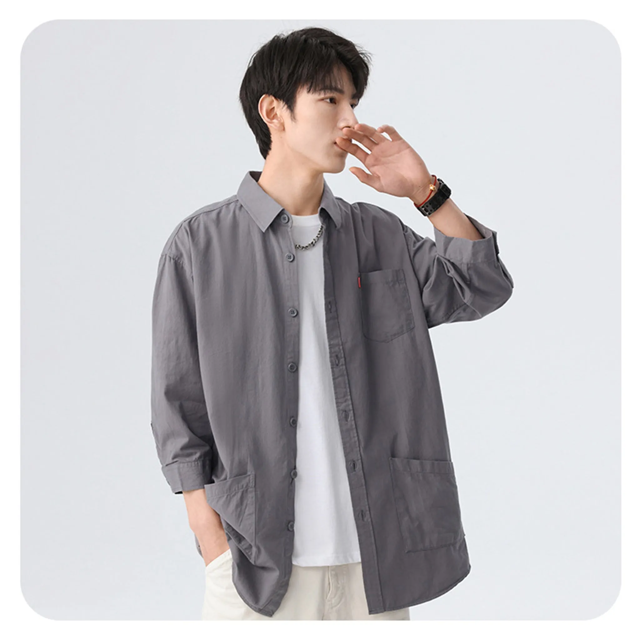 Blue korean-style relaxed shirt three-fourth sleeve