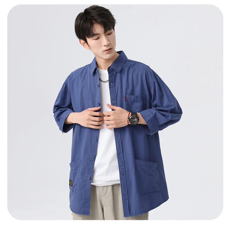 Blue korean-style relaxed shirt three-fourth sleeve