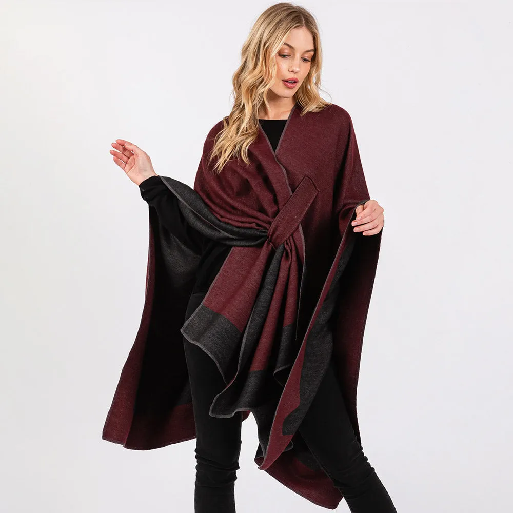 Burgundy Two Tone Pull Through Shawl Ruana Poncho