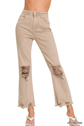 Explore More Collection - Acid Washed High Waist Distressed Straight Pants