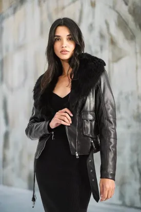 Faux Leather Moto Jacket with Faux Fur Collar