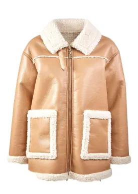 Faux Leather Shearling Lined Jacket in Camel