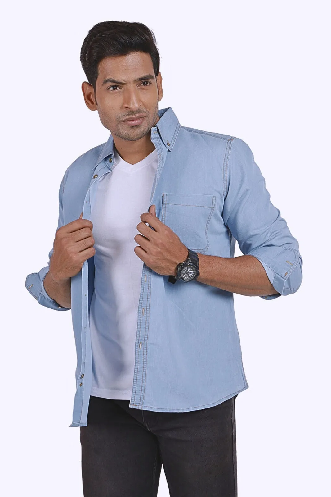 Fresh Blue Ice Denim Button Down Collar Shirt