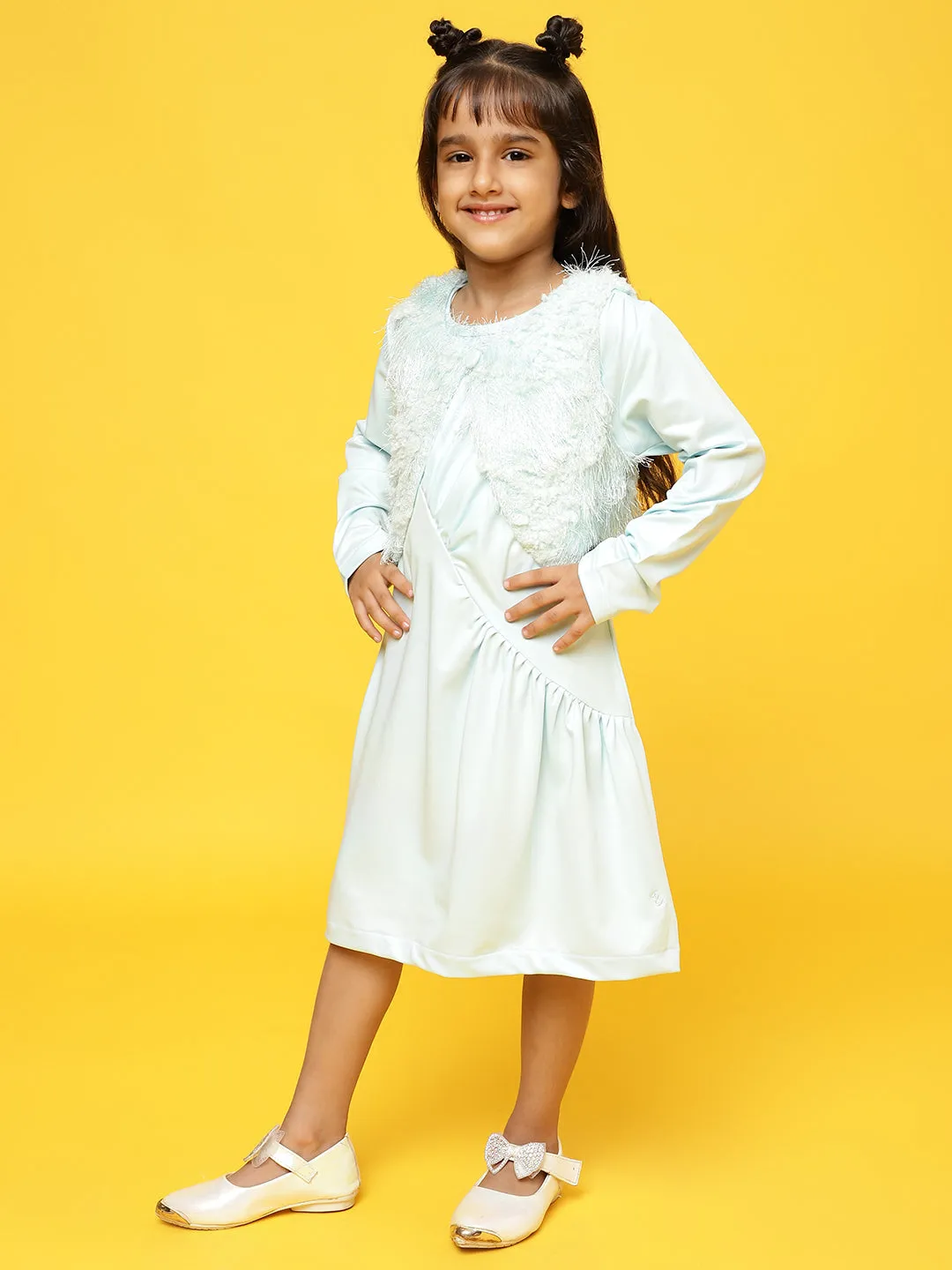 Girls Sky Blue Polyester Regular Fit Full sleeves Solid Dress with Jacket