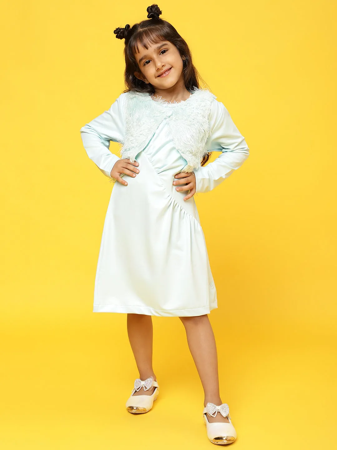 Girls Sky Blue Polyester Regular Fit Full sleeves Solid Dress with Jacket