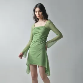 Green Square Neck Mesh Dress