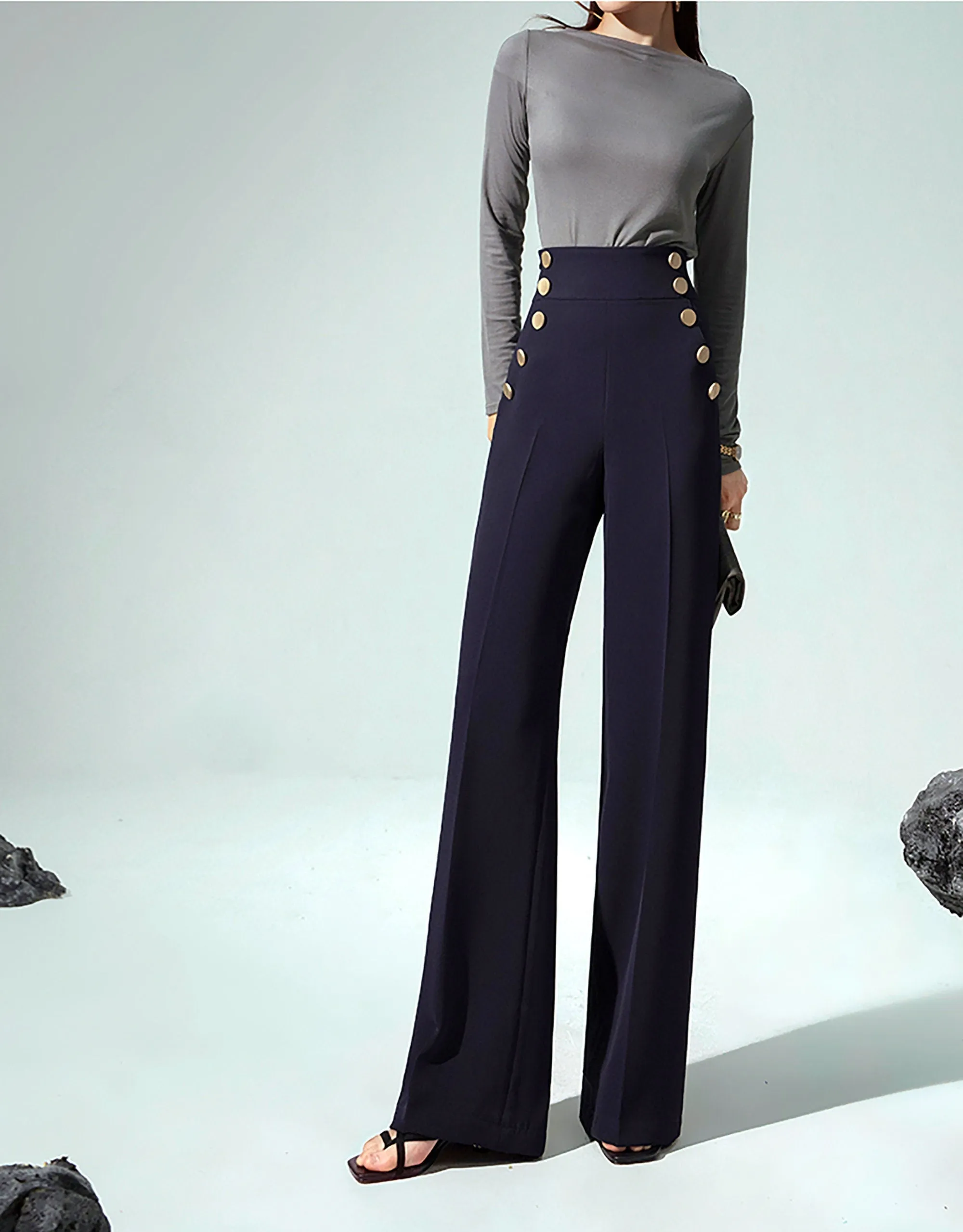 High Waist Button Ponte Flare Pants