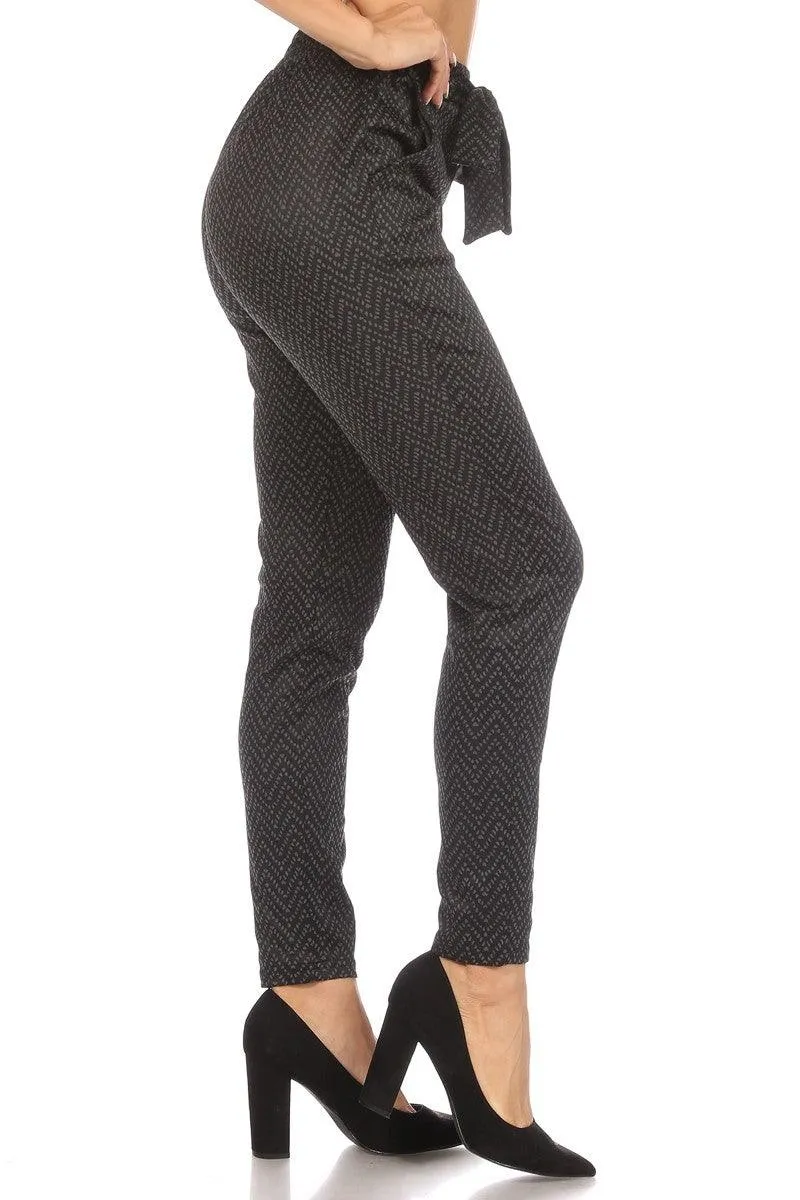 High Waist Slim Fit Pants With Waist Tie & Pockets - Black & Gray Chevron