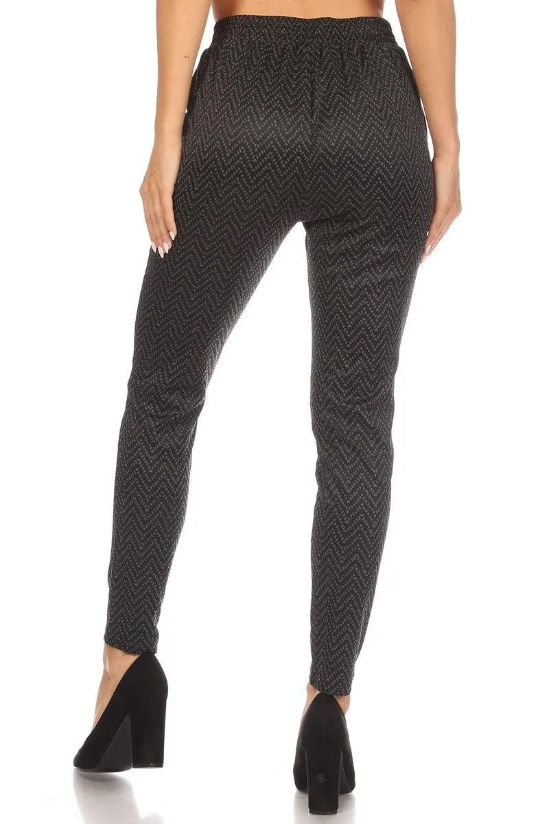 High Waist Slim Fit Pants With Waist Tie & Pockets - Black & Gray Chevron