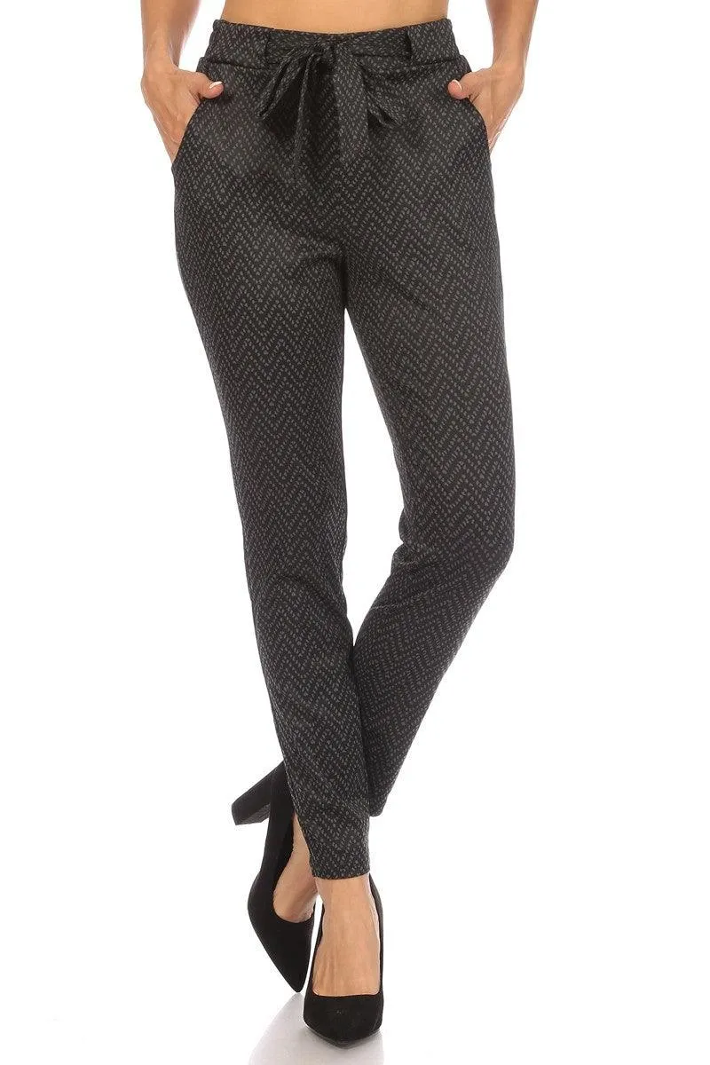 High Waist Slim Fit Pants With Waist Tie & Pockets - Black & Gray Chevron