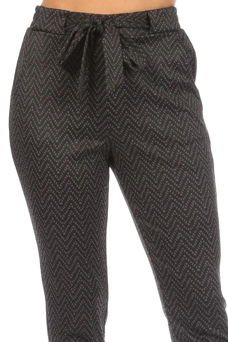 High Waist Slim Fit Pants With Waist Tie & Pockets - Black & Gray Chevron