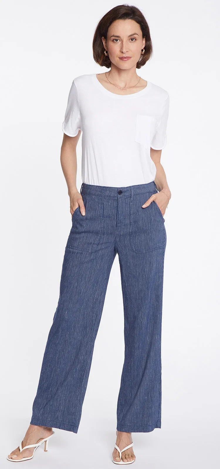 High Waisted Wide Leg Ankle Trouser Gestreept Stretch Linnen | Agua Stripe