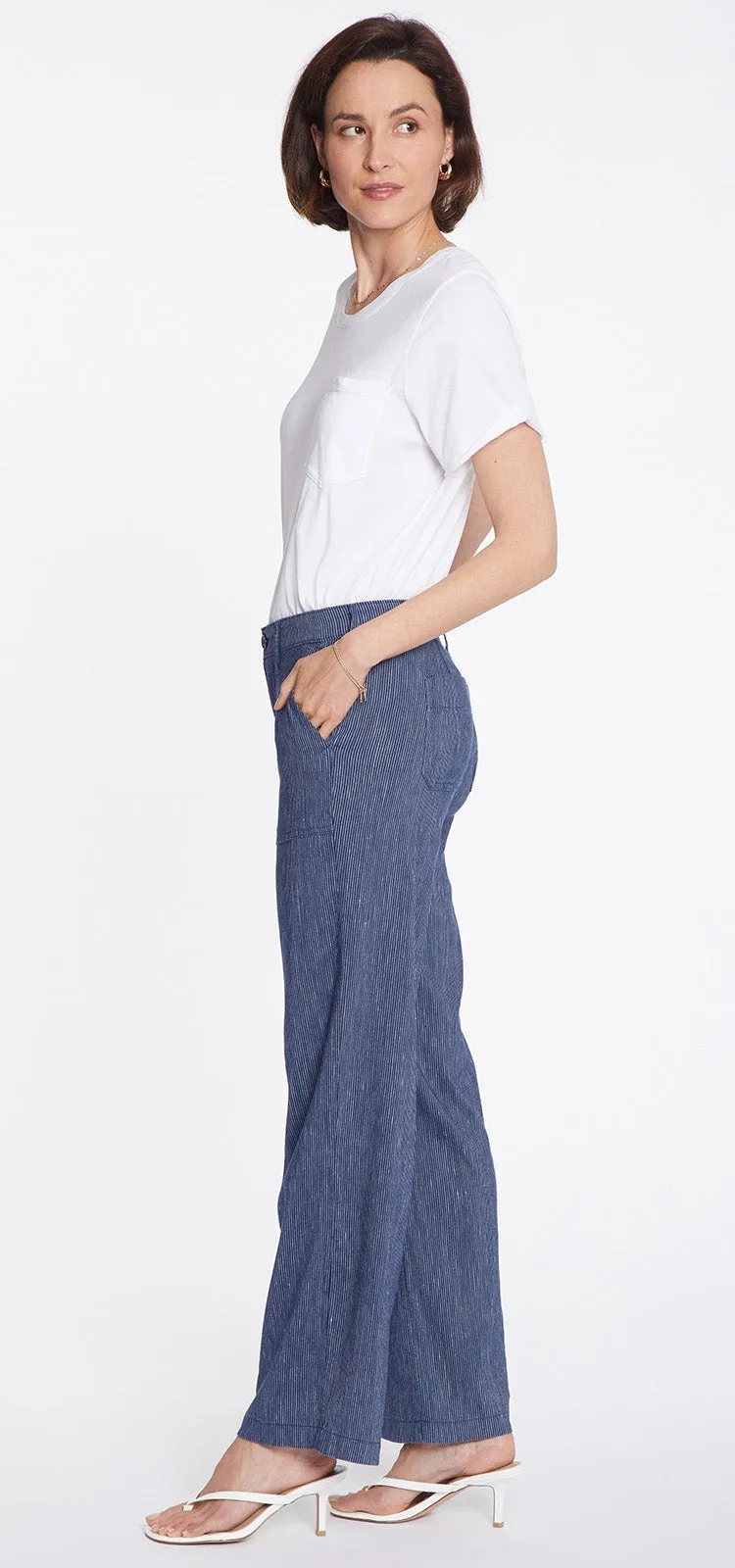 High Waisted Wide Leg Ankle Trouser Gestreept Stretch Linnen | Agua Stripe