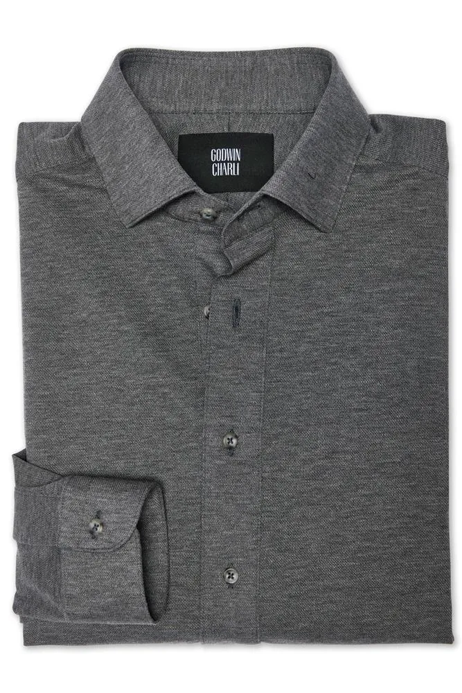 Magnus Long Sleeve Polo Shirt - Charcoal Cotton Pique