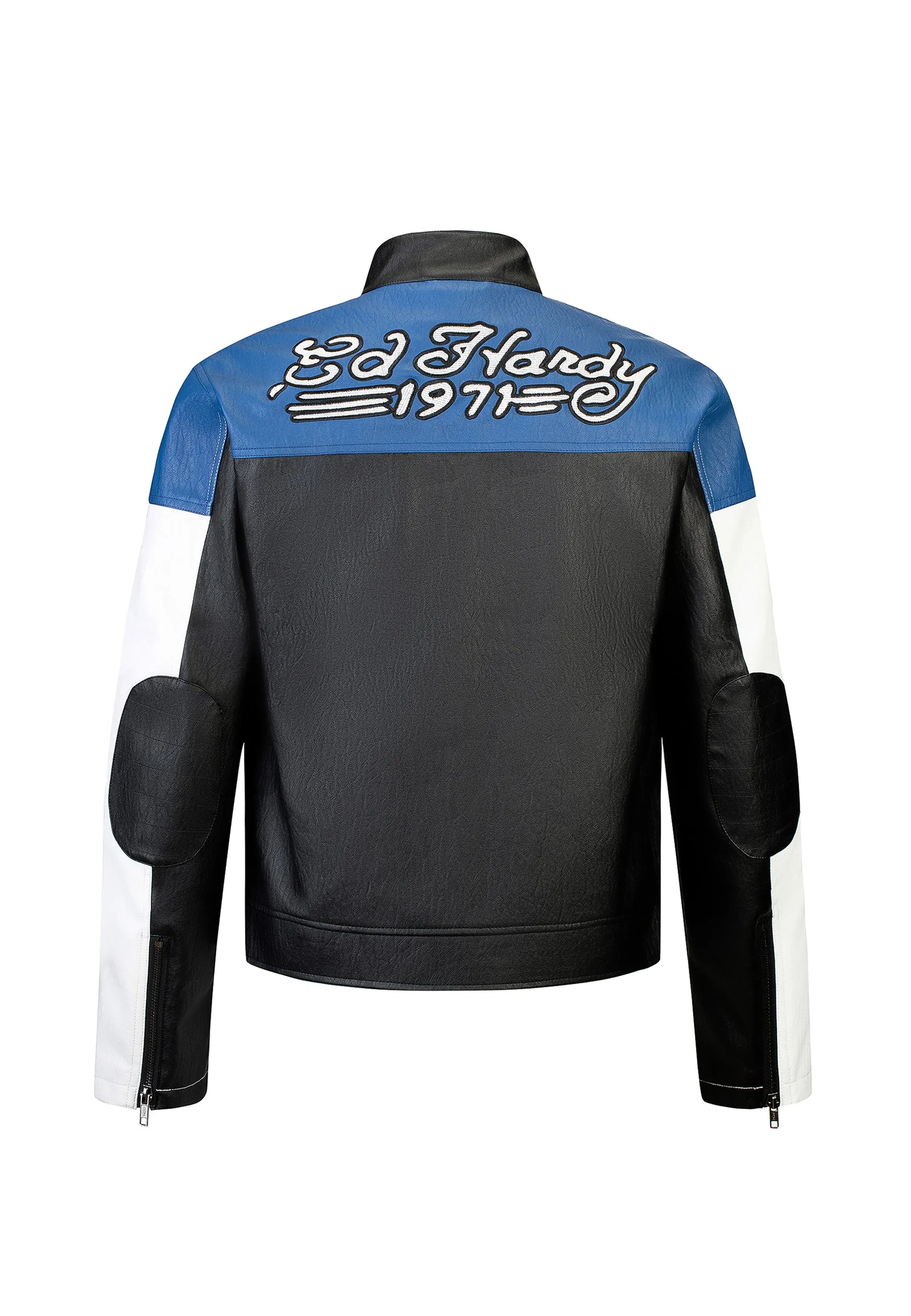 Mens ED-1971 Moto Biker Jacket- Black/Blue/White