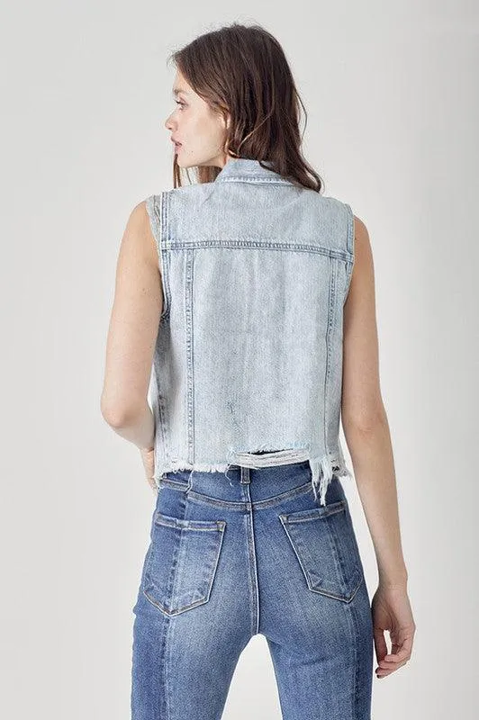 MICAH DISTRESSED DENIM CROP VEST