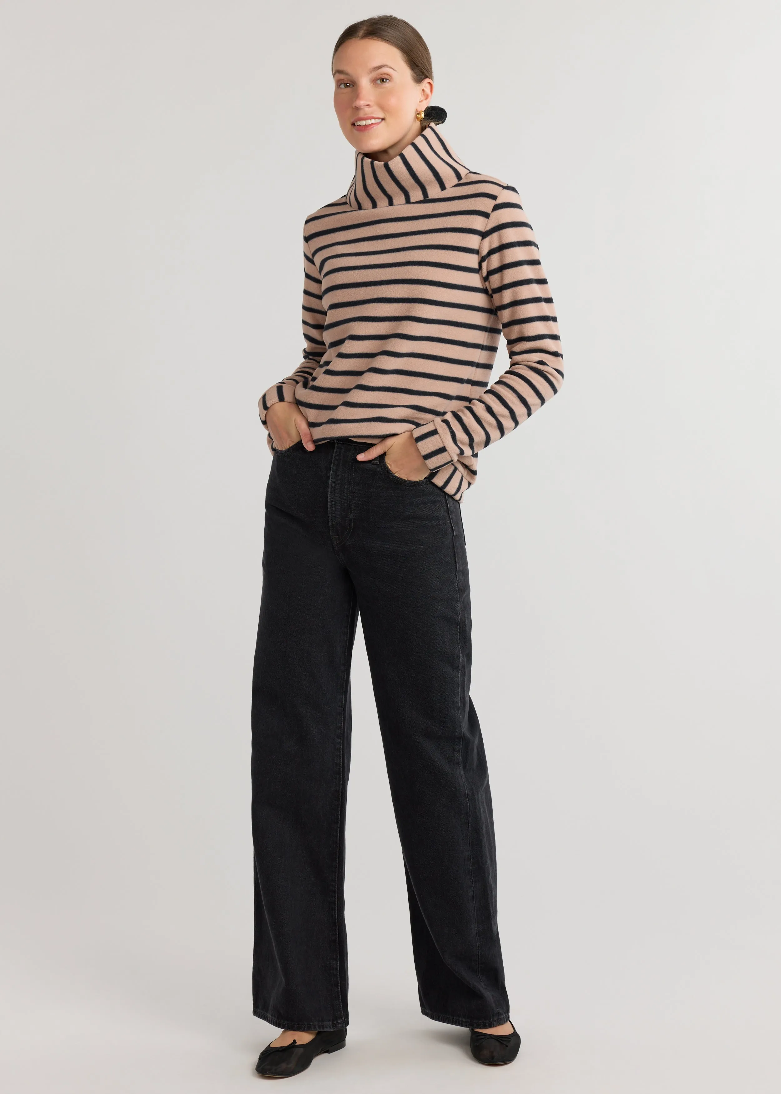 Park Slope Turtleneck in Vello Fleece (Khaki/Black Mariner Stripe)