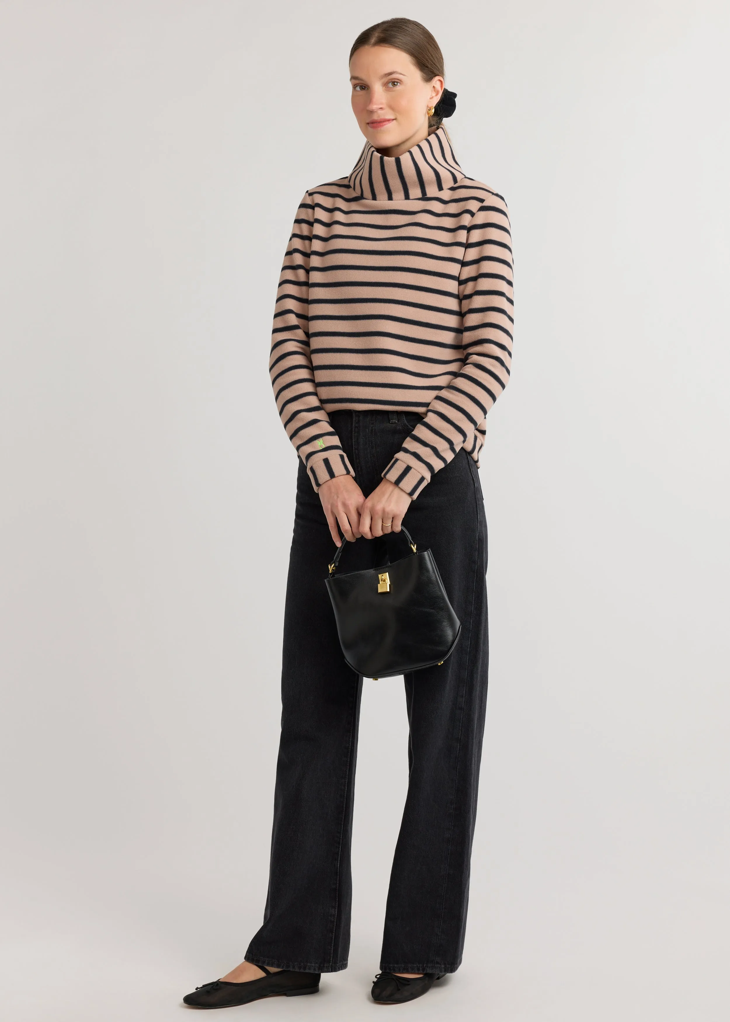 Park Slope Turtleneck in Vello Fleece (Khaki/Black Mariner Stripe)