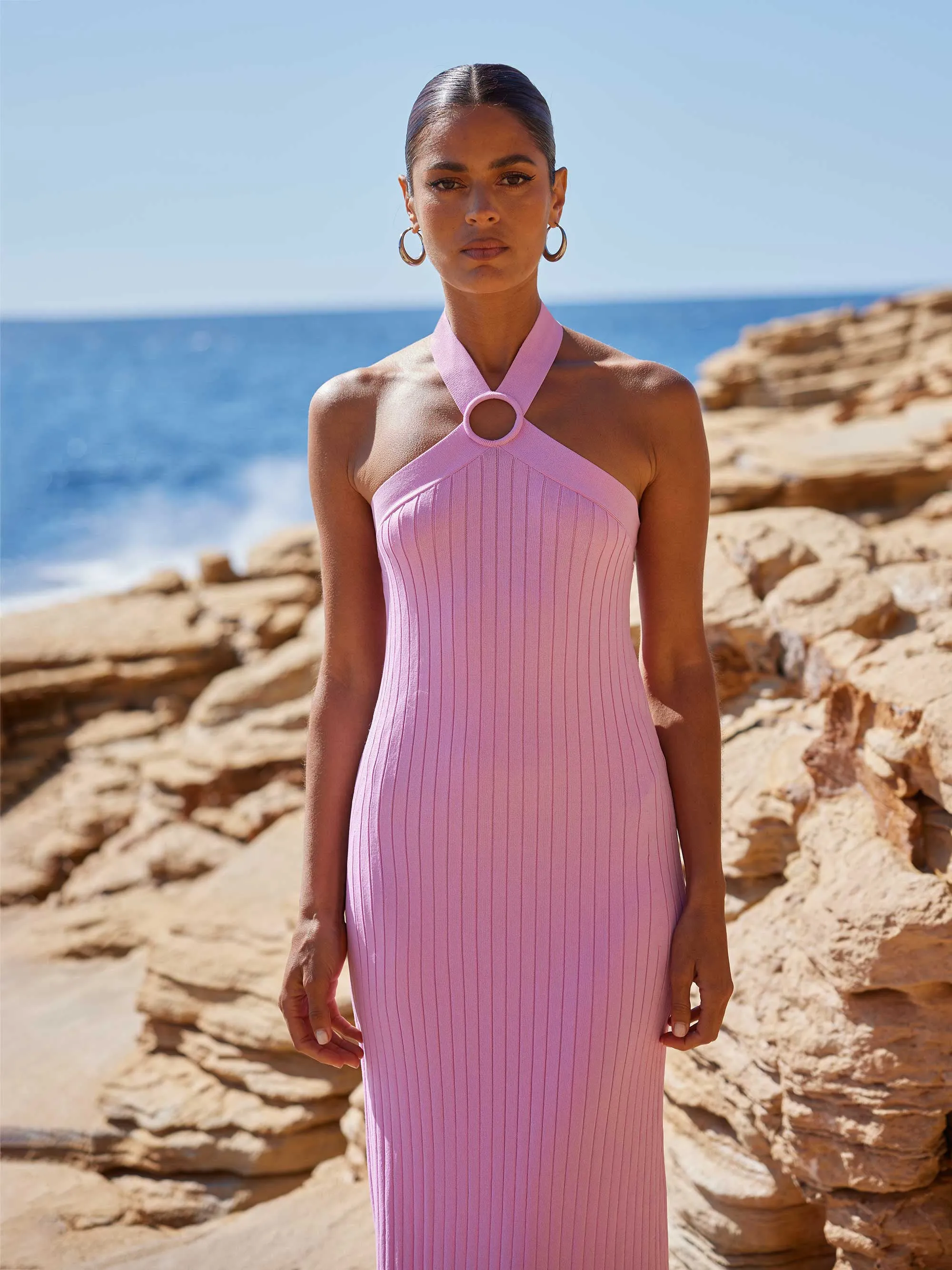 Pink Ribbed Knit Halter Dress